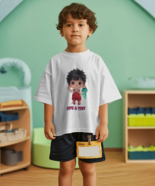 A white boy's crew neck t-shirt featuring a high-quality 3D animated character named Pipu in red overalls with a small, cute green magical companion named Tiny. Premium kids graphic apparel.