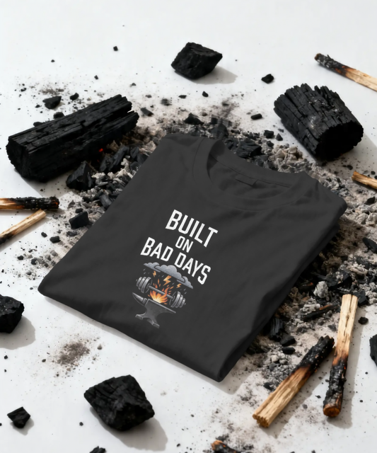A sleek premium black unisex t-shirt featuring the bold white text "BUILT ON BAD DAYS". The aggressive aesthetic design includes a detailed illustration of an anvil and a barbell surrounded by storm clouds, fiery orange lightning, and flames. Premium motivational streetwear by Nite Stream.