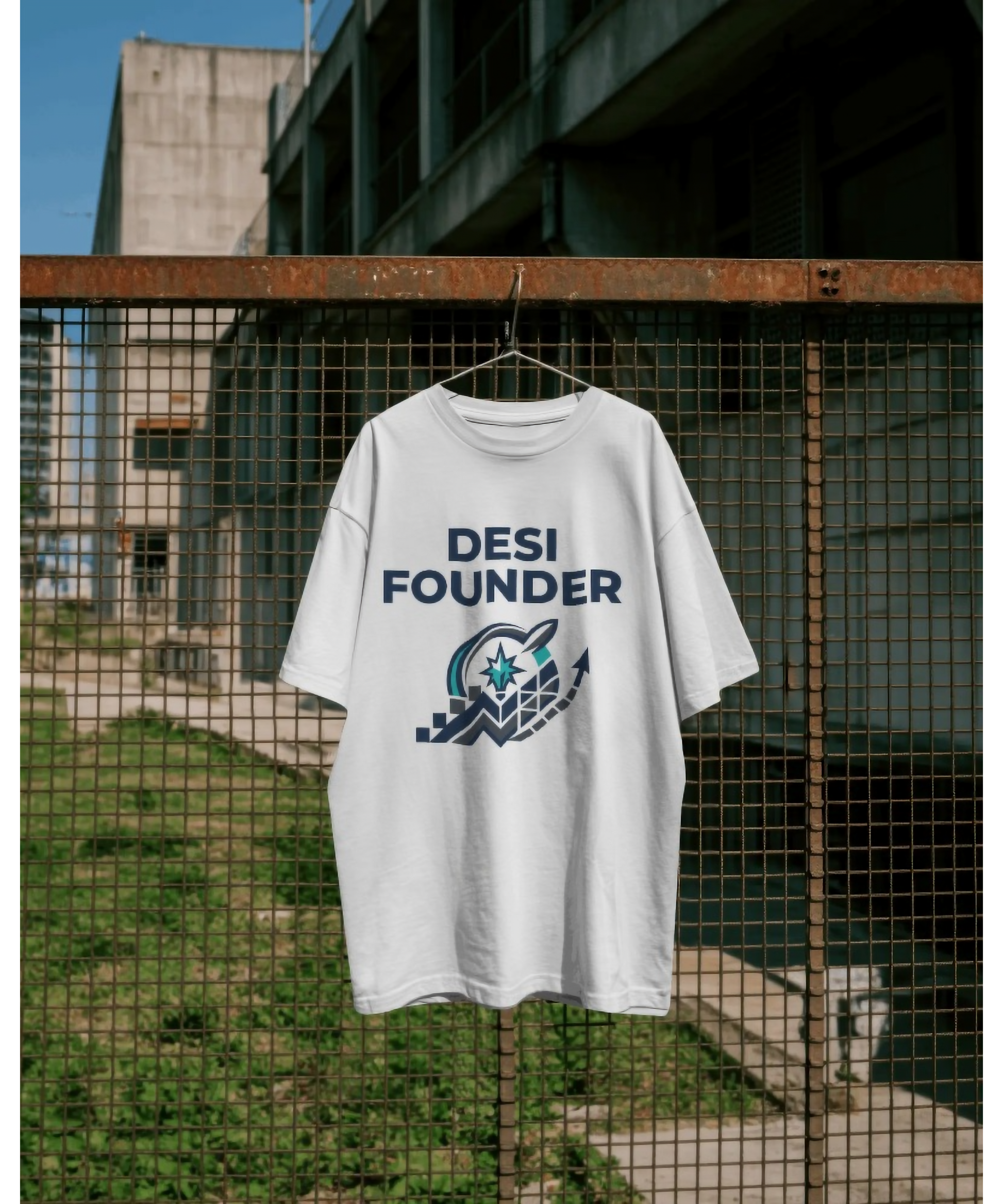 White premium unisex t-shirt by Nite Stream featuring a geometric abstract graphic of an upward arrow and compass star, symbolizing business growth, with bold typography reading 'DESI FOUNDER'.