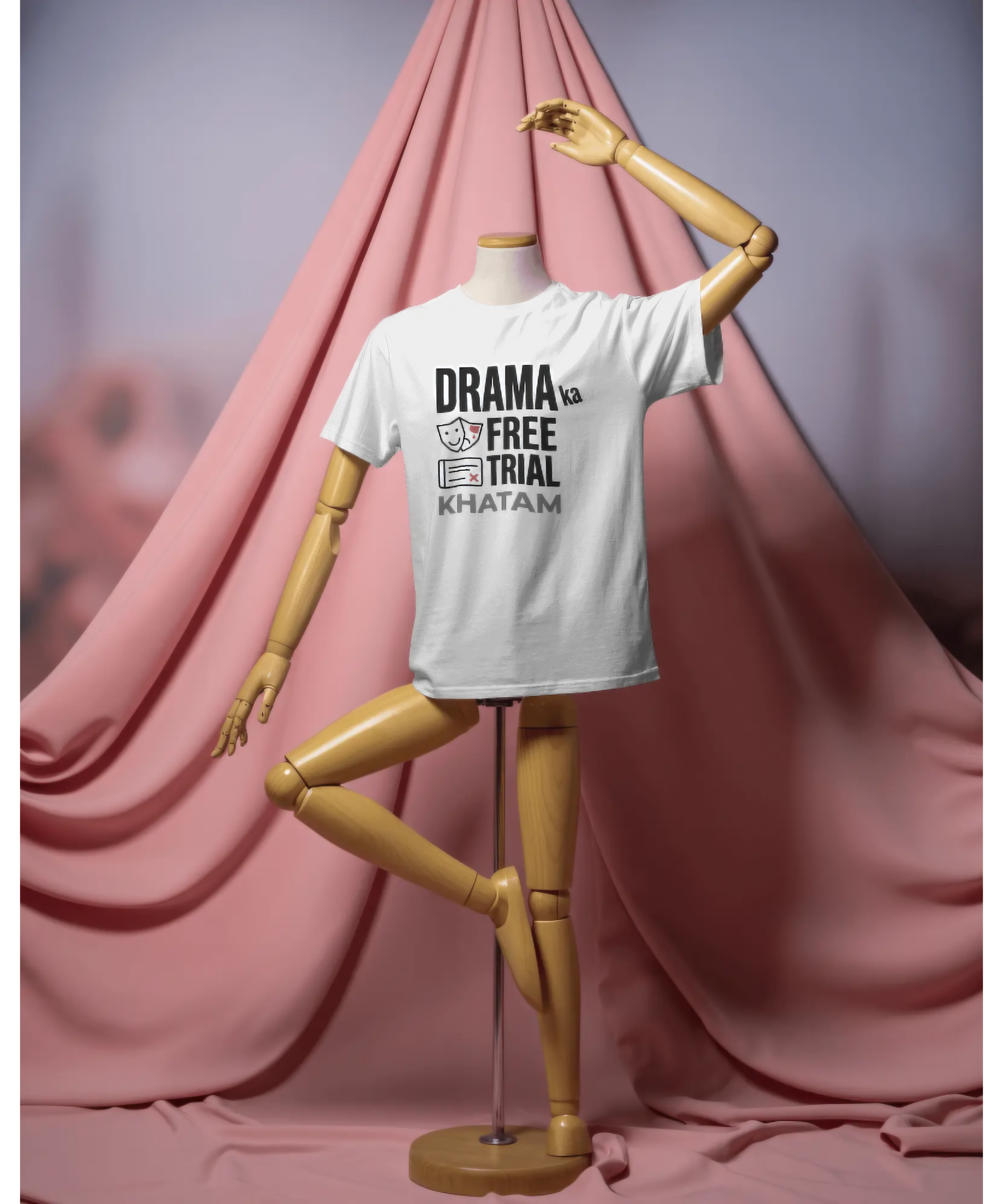 White unisex graphic t-shirt featuring the bold Hindi quote "DRAMA ka FREE TRIAL KHATAM". The design includes classic theater comedy and tragedy masks alongside a canceled window icon. Premium sassy and sarcastic streetwear by The Nite Stream.