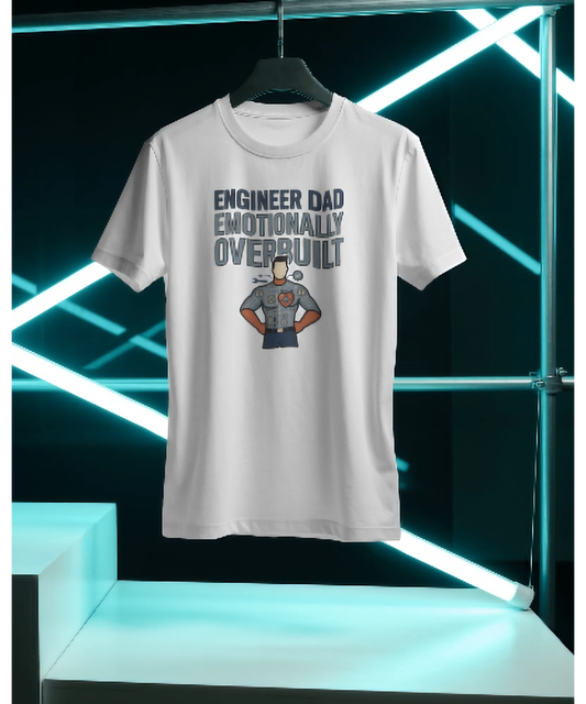 White premium unisex t-shirt by Nite Stream featuring a quirky graphic of a cyborg engineer dad with gears, a wrench, and a glowing heart, along with bold typography reading 'ENGINEER DAD EMOTIONALLY OVERBUILT'.