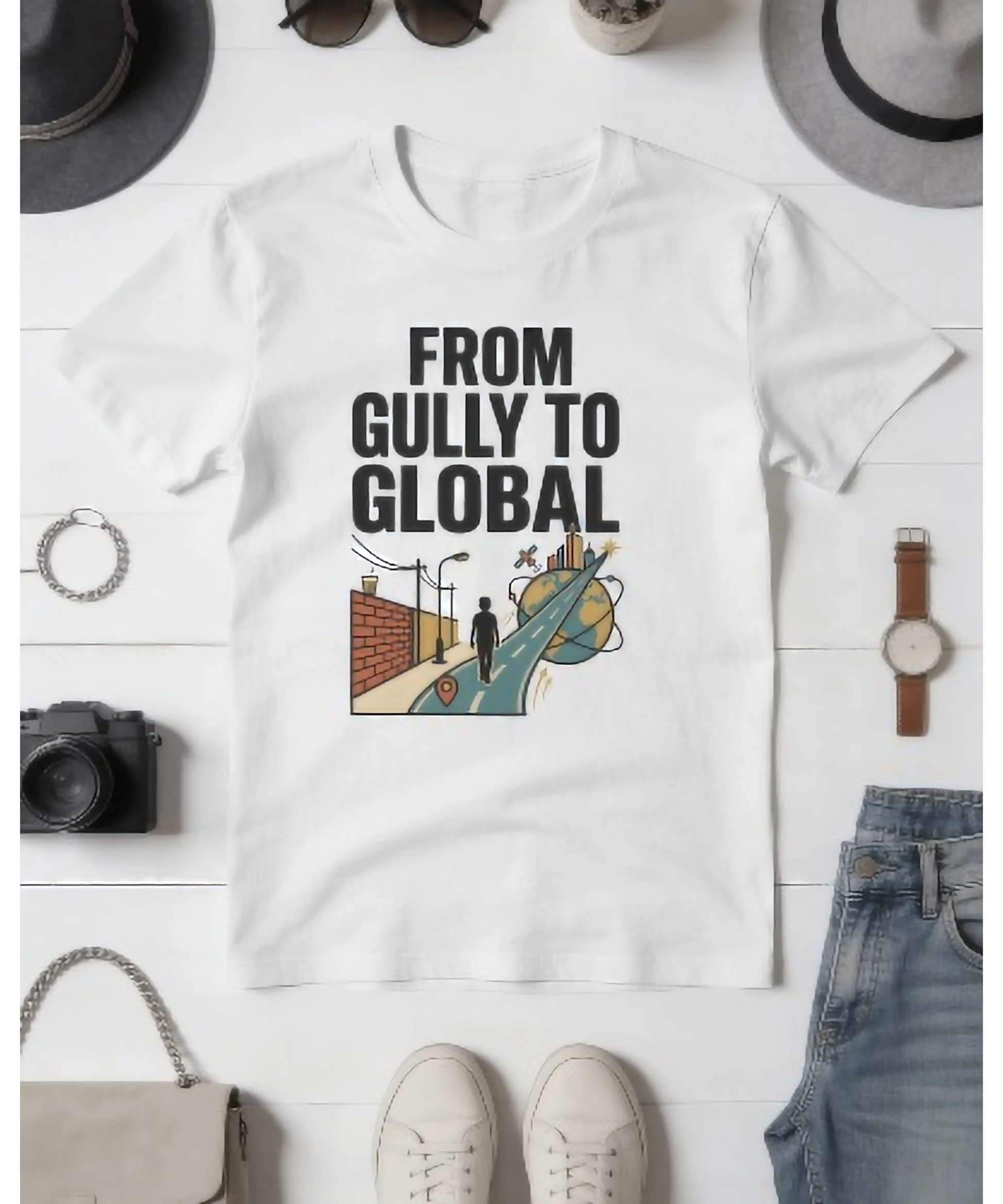 White premium oversized t-shirt by Nite Stream featuring a motivational street-culture graphic showing a transition from a local brick street to a global globe, with bold typography reading 'FROM GULLY TO GLOBAL'.