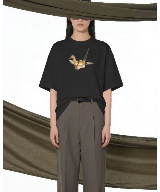 The 'Gilded Origami' Premium Women's Graphic Tee | 3D Golden Bird Aesthetic Black T-Shirt