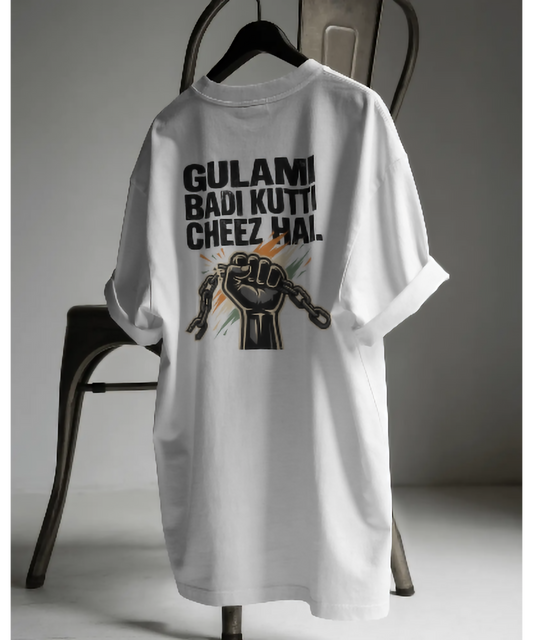 White premium unisex t-shirt by Nite Stream featuring a patriotic and rebellious graphic of a raised fist breaking chains with subtle Indian tricolor accents, and bold typography reading 'GULAMI BADI KUTTI CHEEZ HAI.'