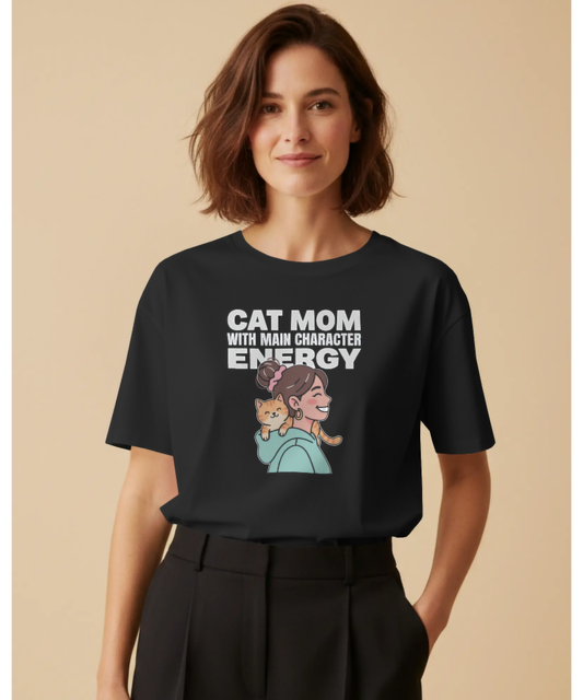 "Cat Mom With Main Character Energy" Premium Black T-Shirt