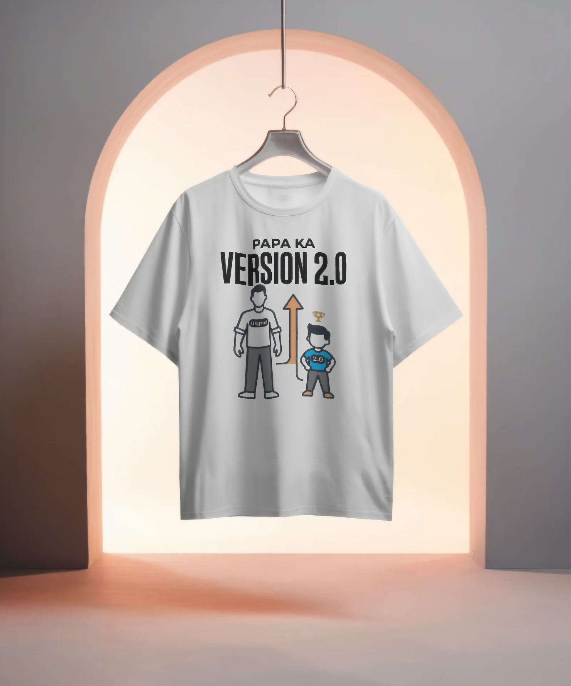 White men's graphic t-shirt featuring the text "PAPA KA VERSION 2.0". The minimal design shows a taller figure labeled "Original" next to a smaller figure labeled "2.0" with an orange upward arrow between them. Premium quirky family streetwear by Nite Stream.