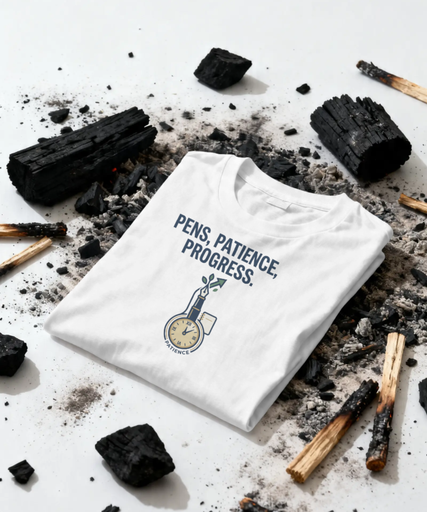 White premium unisex t-shirt by Nite Stream featuring a smart illustration of a fountain pen nib turning into an upward arrow, connected to a clock and notepad, with bold typography reading 'PENS, PATIENCE, PROGRESS.'