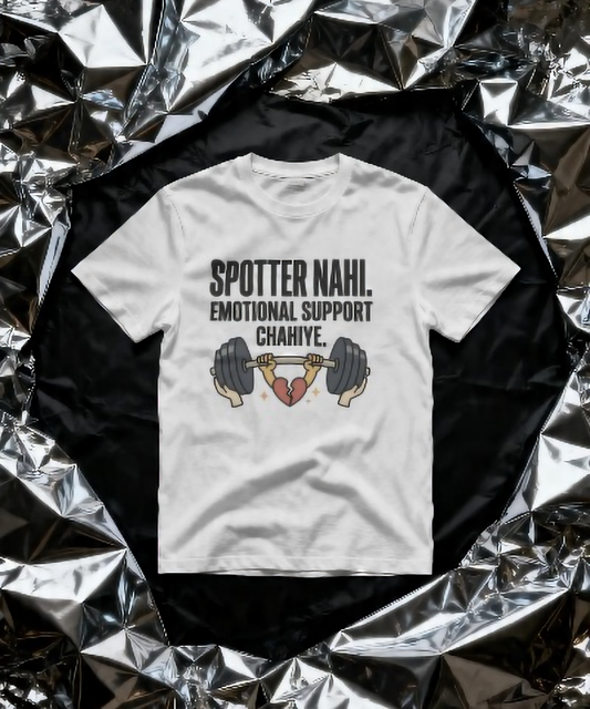 White premium oversized unisex t-shirt by Nite Stream featuring a funny gym graphic of hands lifting a bending barbell with a broken heart, and bold typography reading 'SPOTTER NAHI. EMOTIONAL SUPPORT CHAHIYE.'