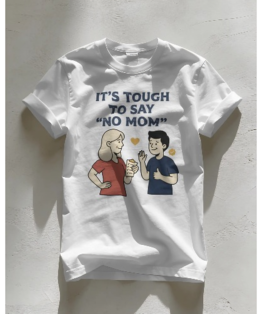 White premium unisex t-shirt by Nite Stream featuring a relatable and funny graphic of a mother offering a drink to her son with bold text reading 'IT'S TOUGH TO SAY "NO MOM"'.