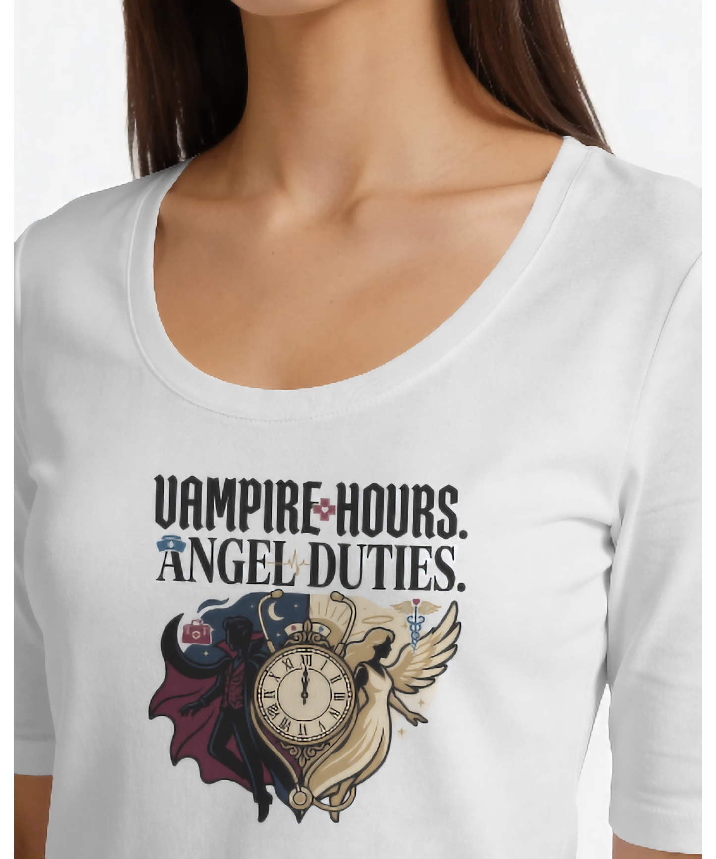 White premium women's t-shirt by Nite Stream featuring a gothic and aesthetic graphic of a vintage clock with bat and angel wings, with bold text reading 'VAMPIRE HOURS. ANGEL DUTIES.', designed for night shift nurses and healthcare workers.
